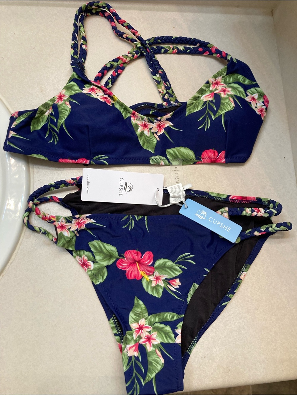 Cupshe Navy Floral Braided-strap Bikini